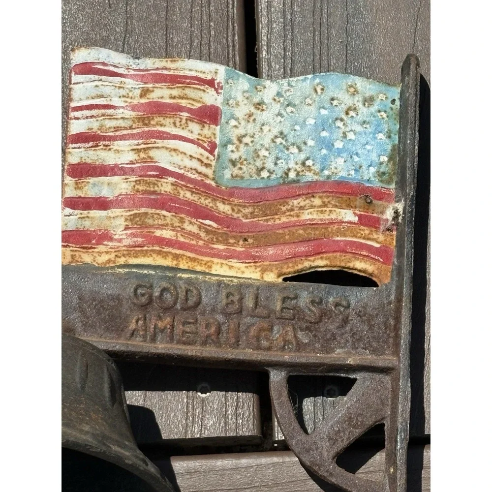 Vintage God Bless America Flag Wall Mounted Hanging Bell Sign Cast Iron